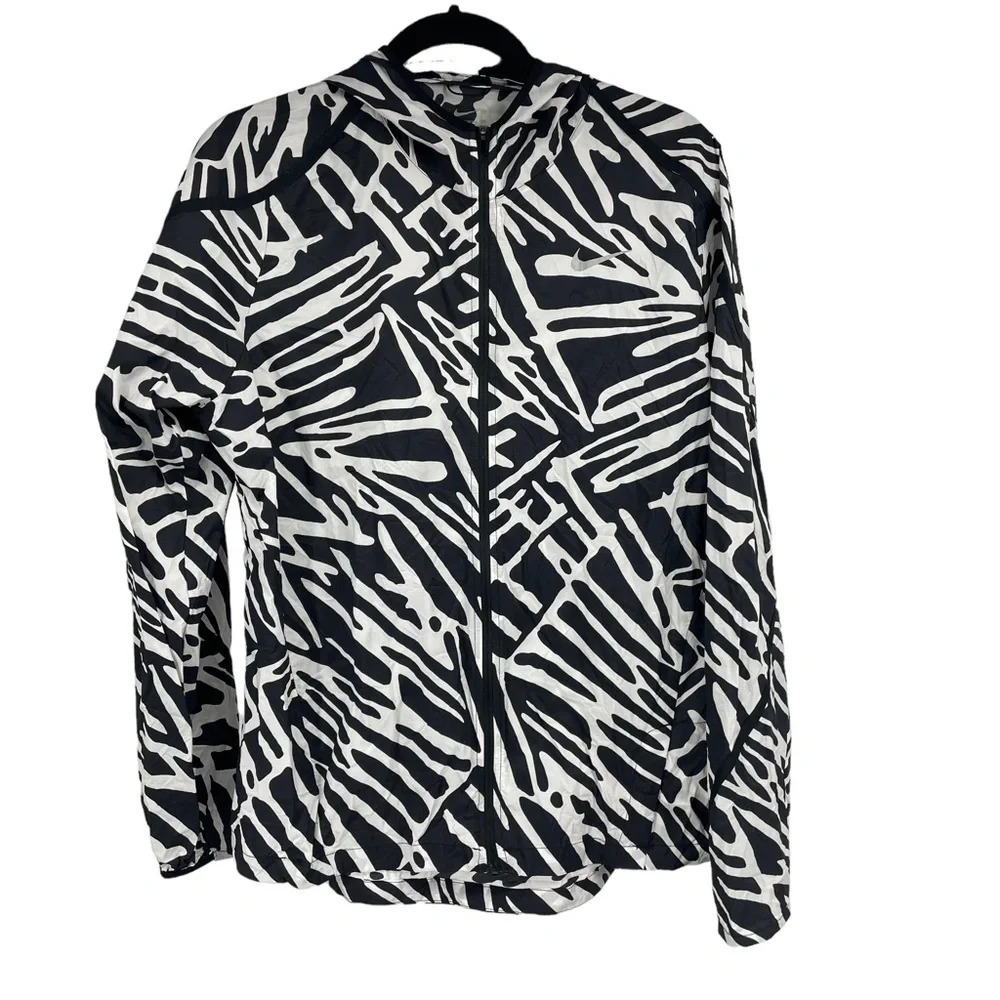 Nike ultra thin packable running jacket black and white zip front hooded L